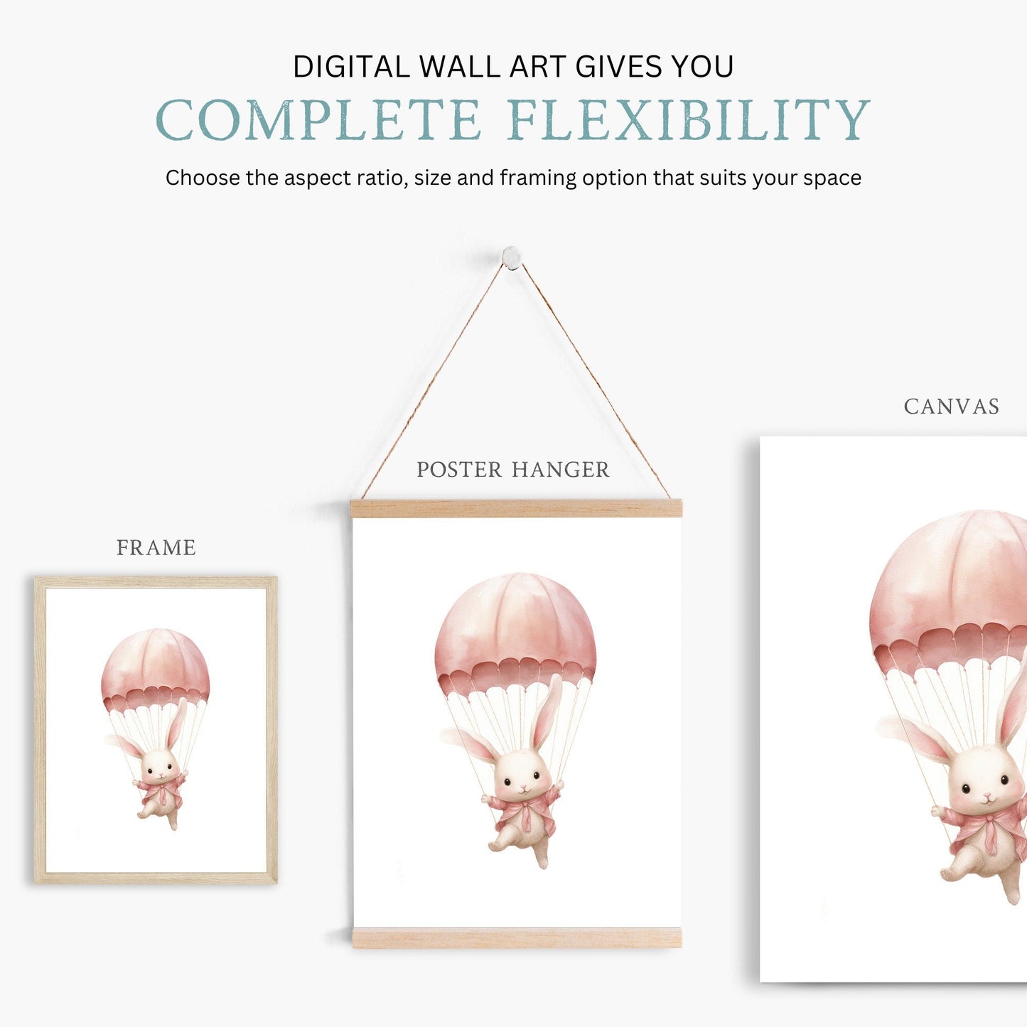 Bunny & Bear Nursery Prints, Pink Blue Hot Air Balloon Decor, Wall Art - WildfieldPrints