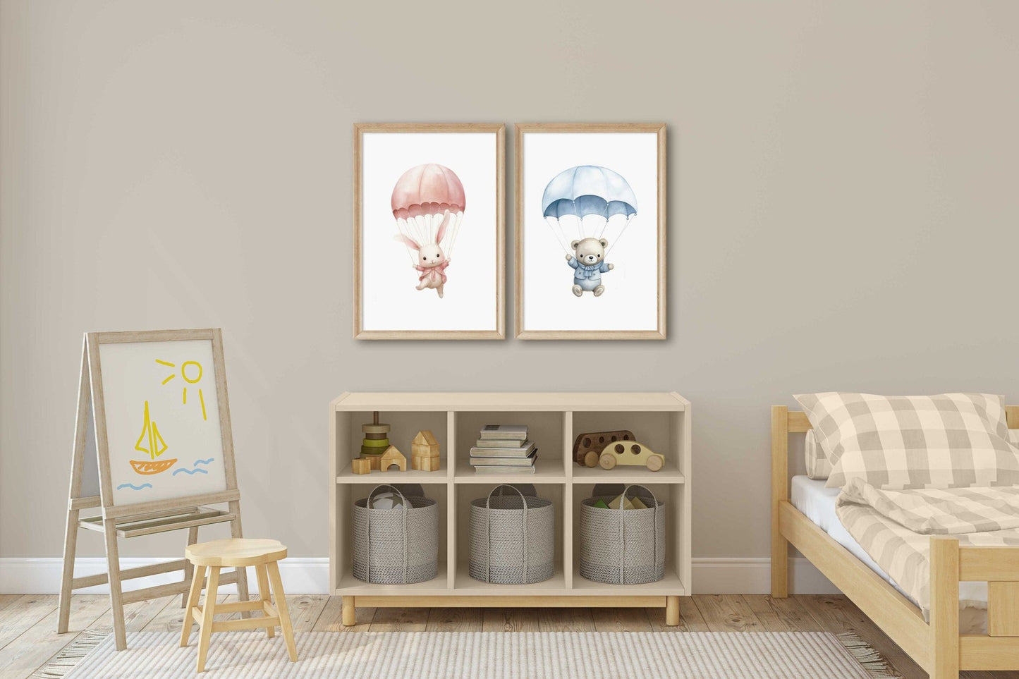 Bunny & Bear Nursery Prints, Pink Blue Hot Air Balloon Decor, Wall Art - WildfieldPrints