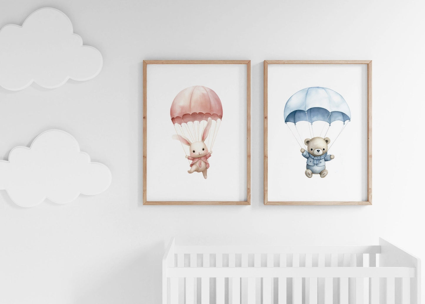 Bunny & Bear Nursery Prints, Pink Blue Hot Air Balloon Decor, Wall Art - WildfieldPrints