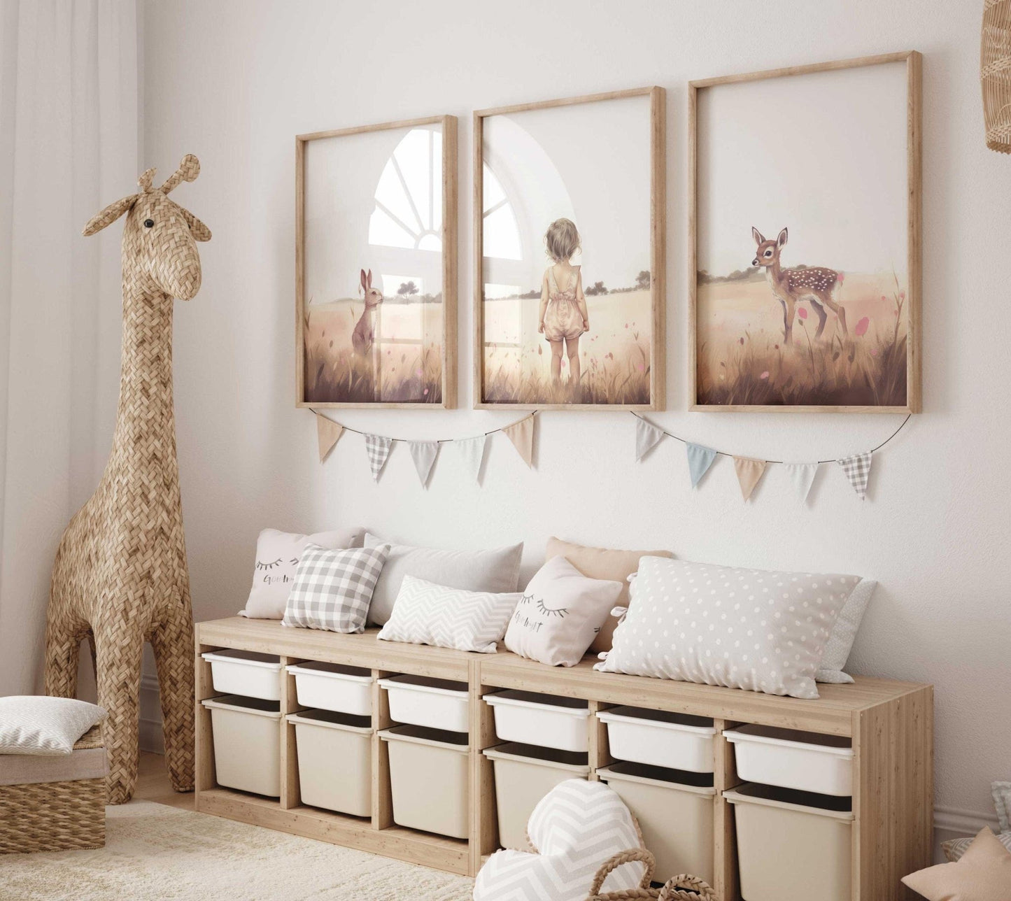 Bunny & Deer Nursery Decor, Animal Art for Girls, Wildflower Wall Decor - WildfieldPrints