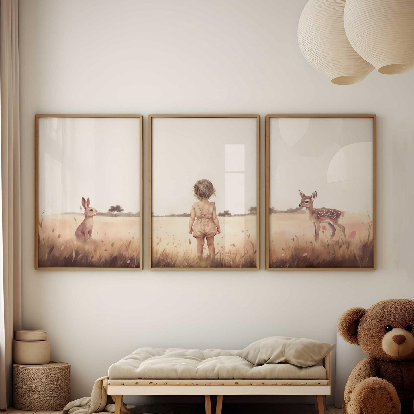 Bunny & Deer Nursery Decor, Animal Art for Girls, Wildflower Wall Decor - WildfieldPrints