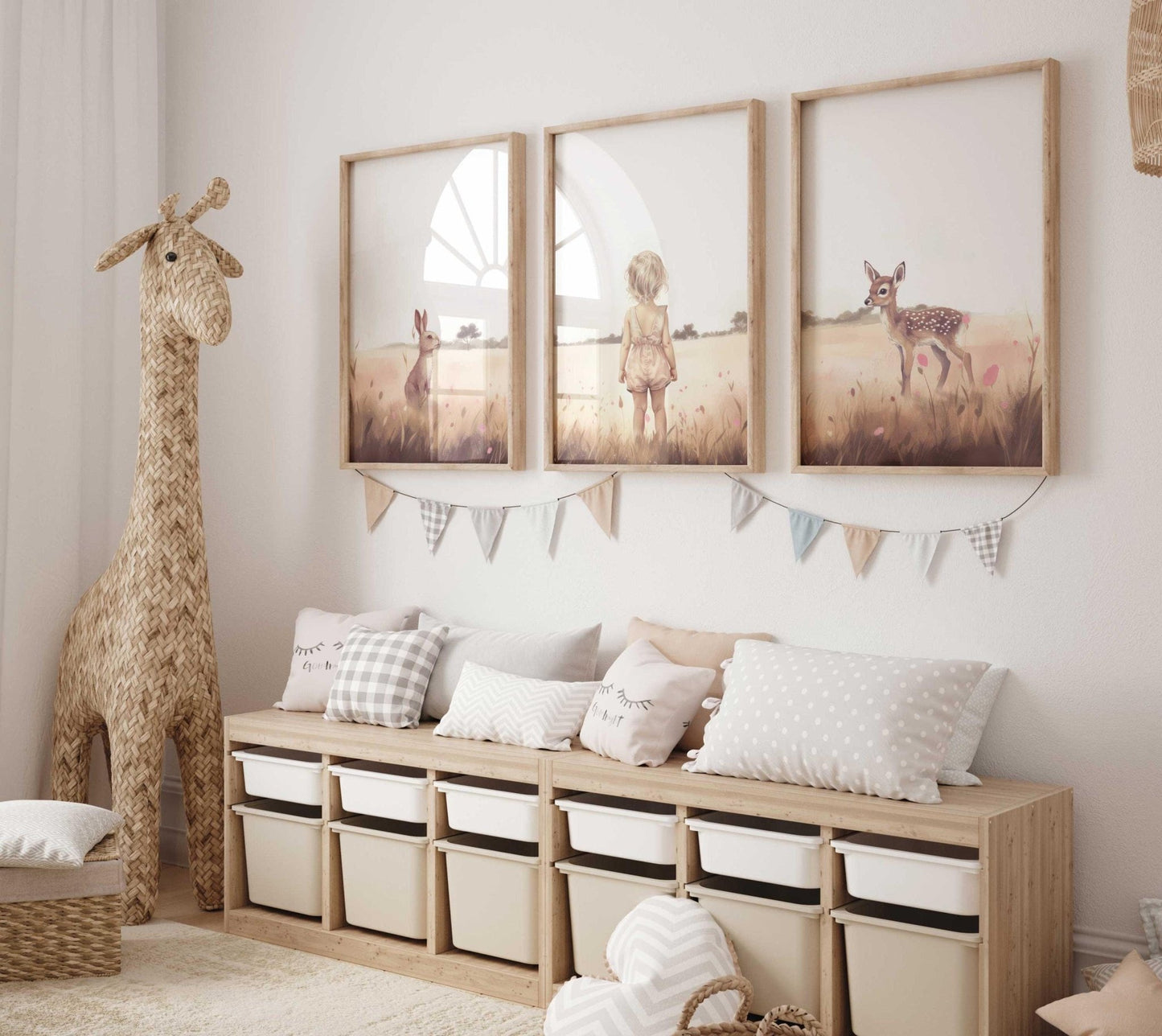 Bunny & Deer Nursery Decor, Animal Wall Art for Girls, Jack Rabbit Design - WildfieldPrints