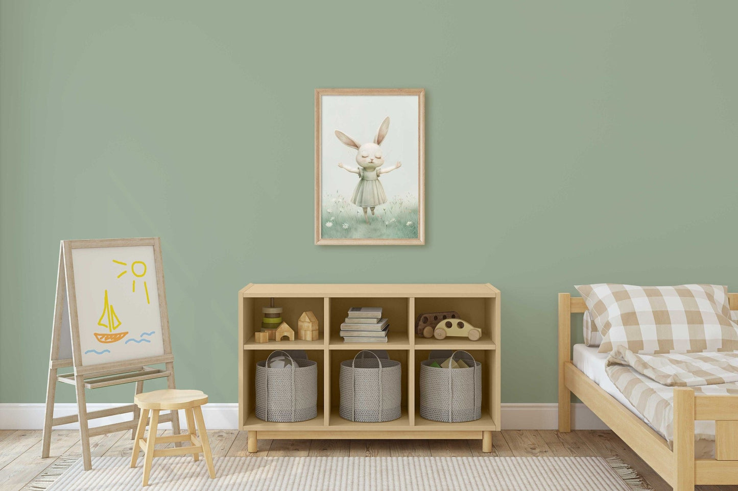 Bunny Nursery Decor, Happy Rabbit Print, Wildflower Field Art - WildfieldPrints