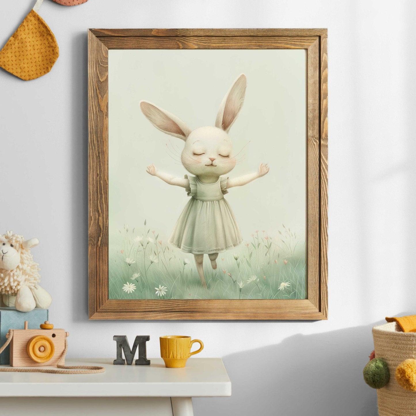 Bunny Nursery Decor, Happy Rabbit Print, Wildflower Field Art - WildfieldPrints