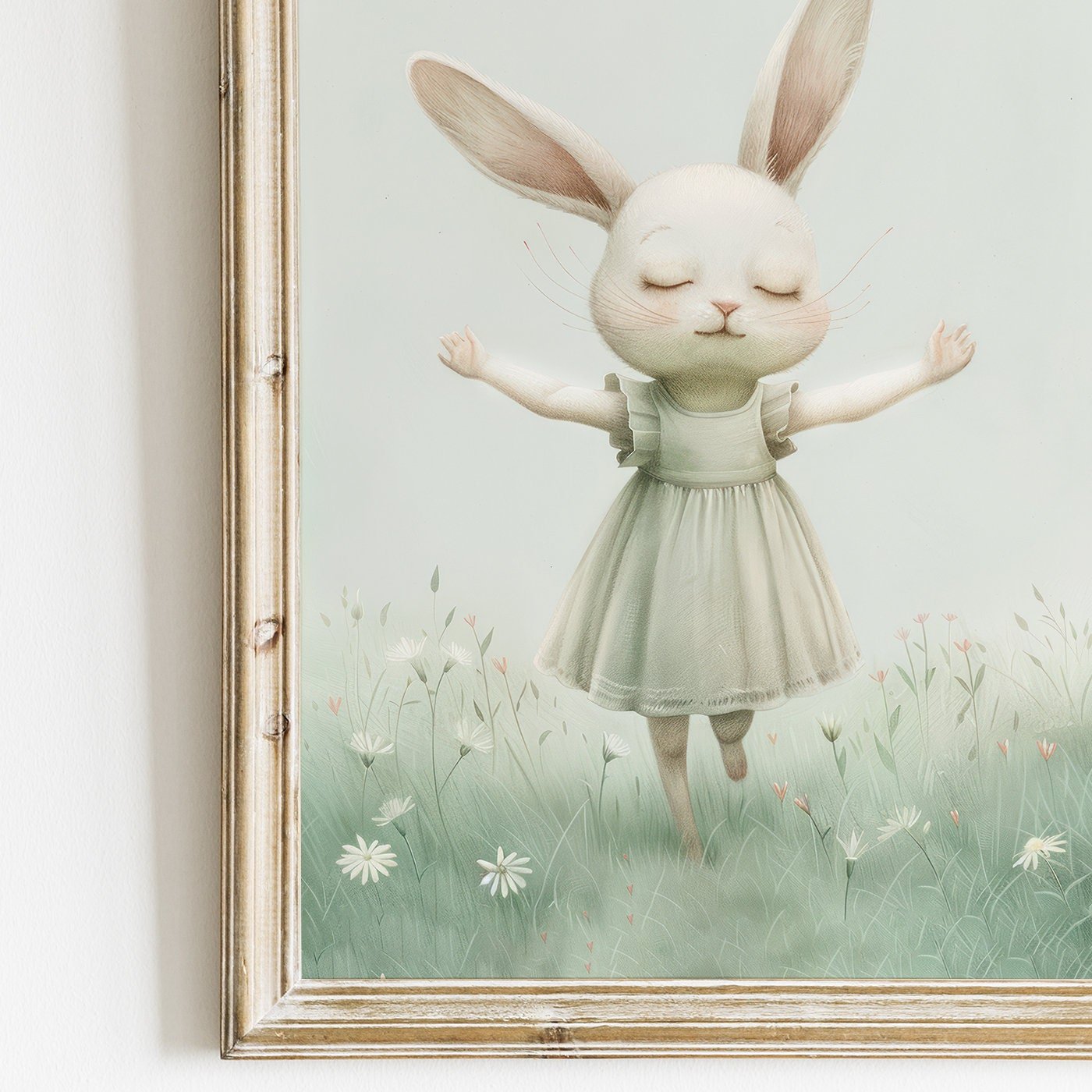 Bunny Nursery Decor, Happy Rabbit Print, Wildflower Field Art - WildfieldPrints