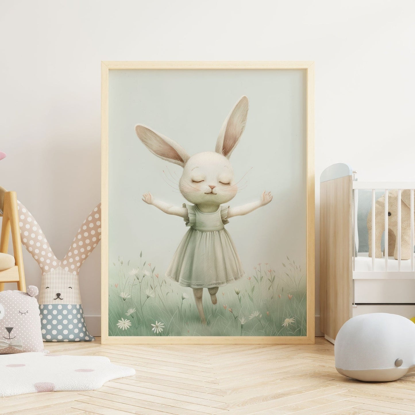 Bunny Nursery Decor, Happy Rabbit Print, Wildflower Field Art - WildfieldPrints