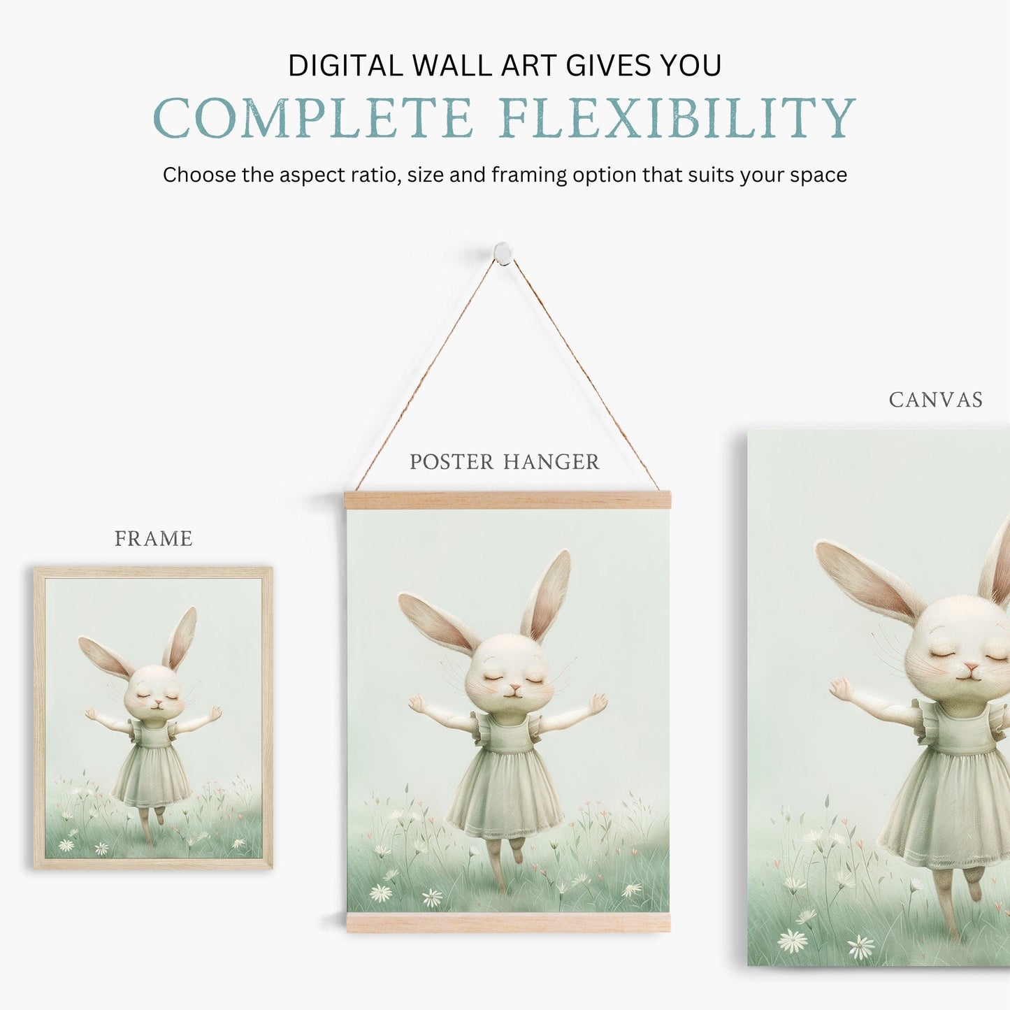 Bunny Nursery Decor, Happy Rabbit Print, Wildflower Field Art - WildfieldPrints