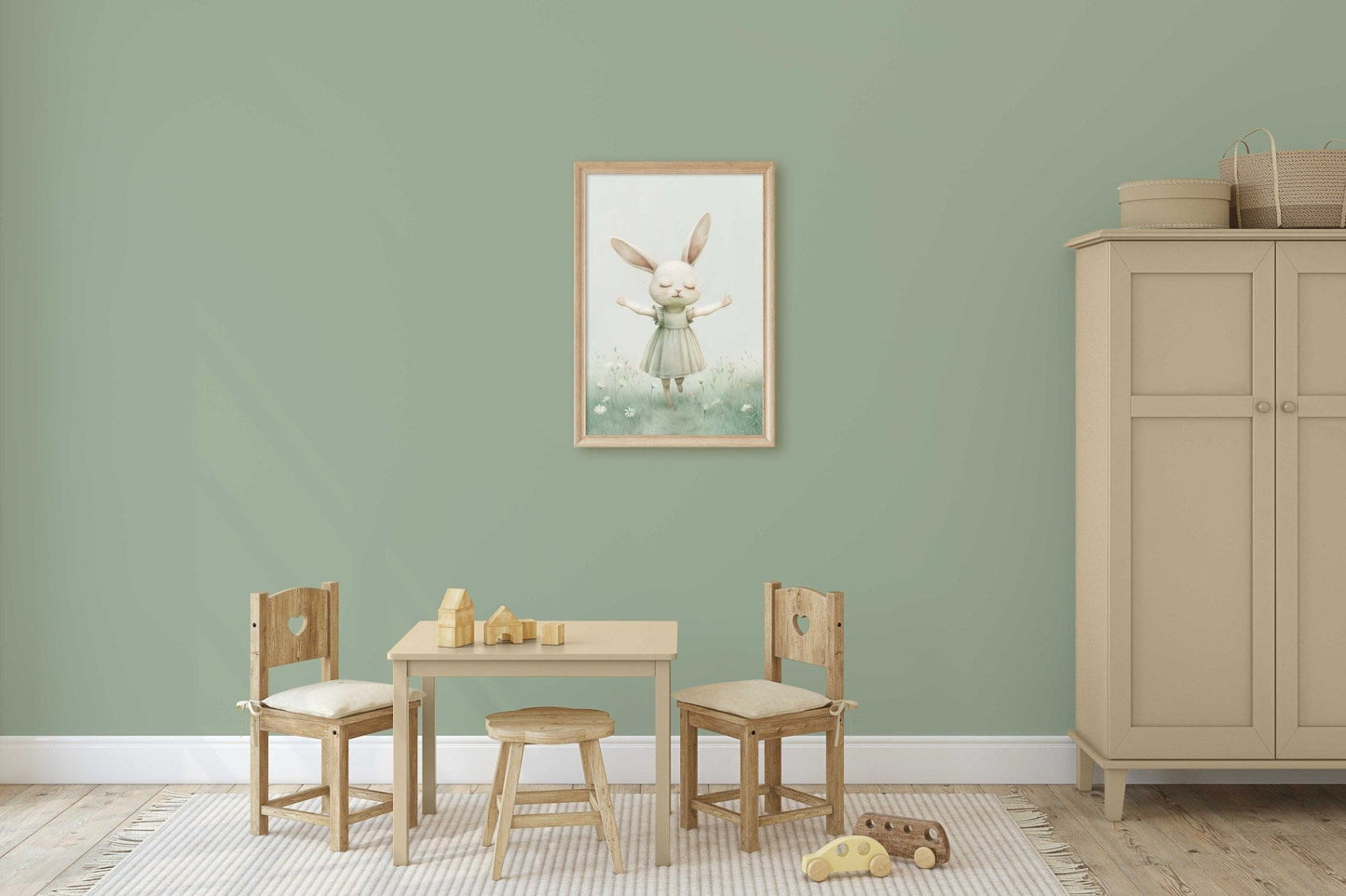 Bunny Nursery Decor, Happy Rabbit Print, Wildflower Field Art - WildfieldPrints