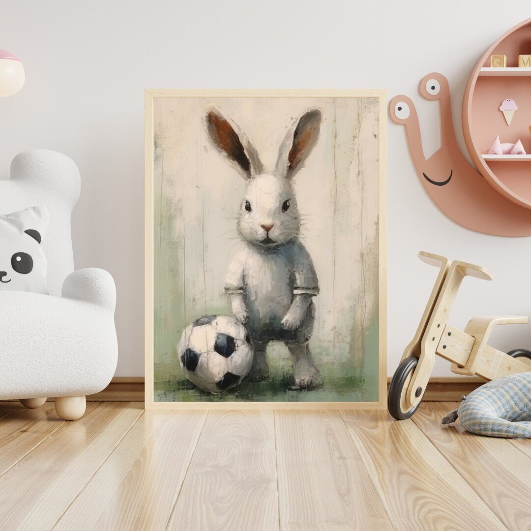Bunny Nursery Decor, Vintage Rabbit Football Player Art, Kids Room Wall Decor - WildfieldPrints