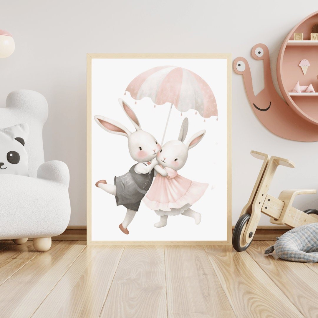 Bunny Nursery Wall Decor, Cute Vintage Kids Room Art, Rabbit Prints for Girls - WildfieldPrints