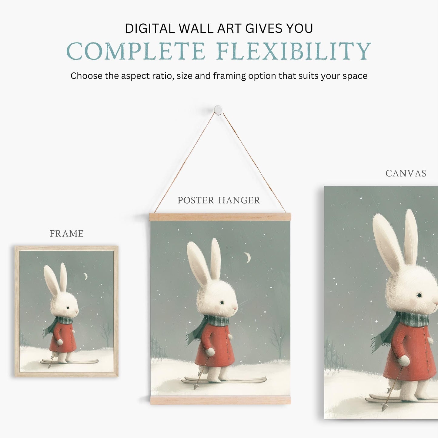 Bunny Nursery Wall Decor, Vintage Rabbit Art, Winter Theme for Kids - WildfieldPrints