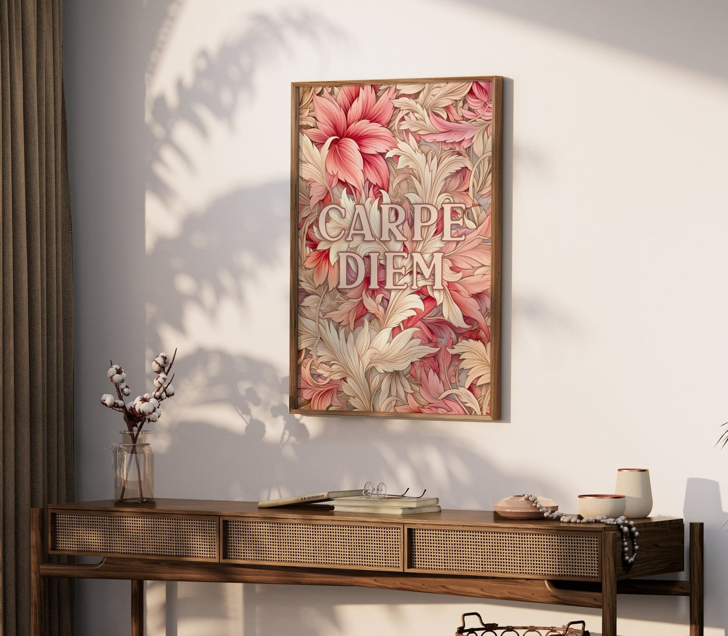Carpe Diem Wall Art, Inspirational Quote Decor, Vintage Floral Design - WildfieldPrints