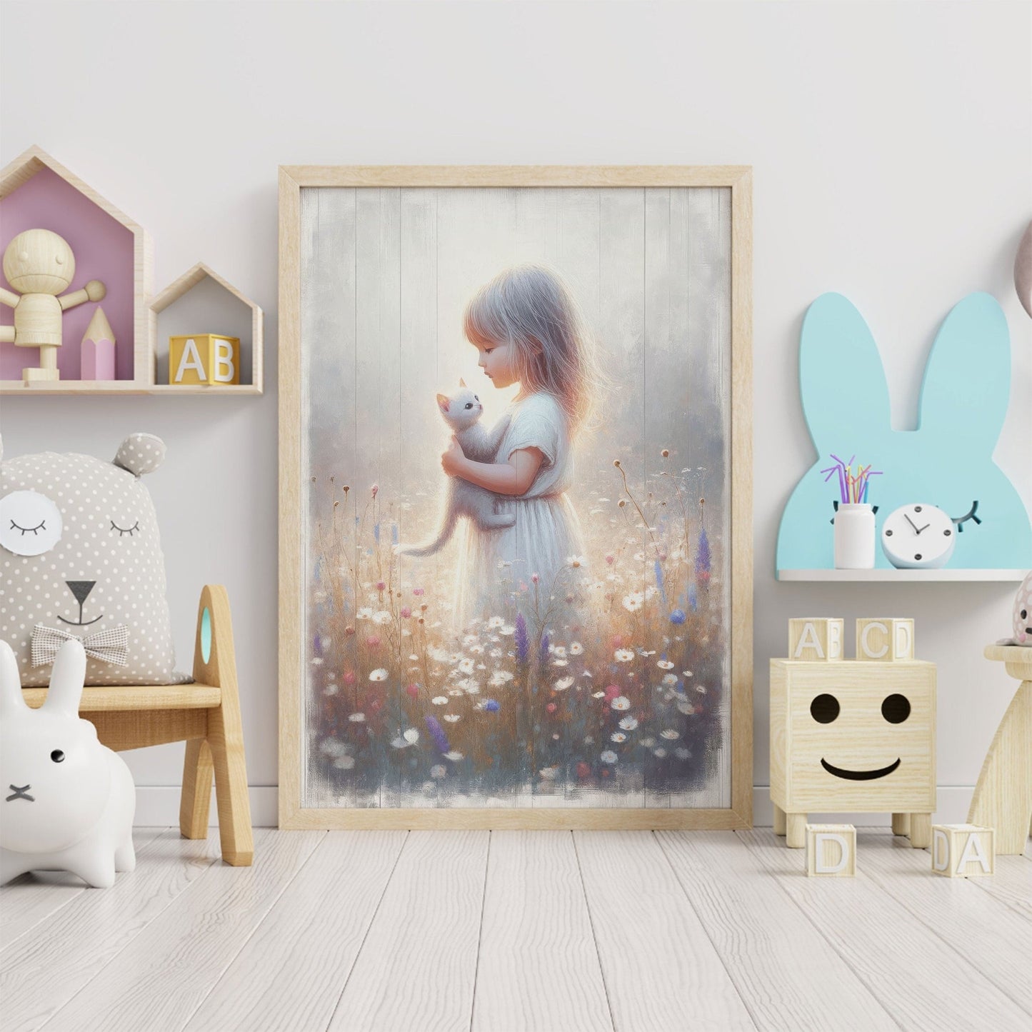 Cat Nursery Art, Floral Girl Room Decor, Wildflower Wall Prints - WildfieldPrints