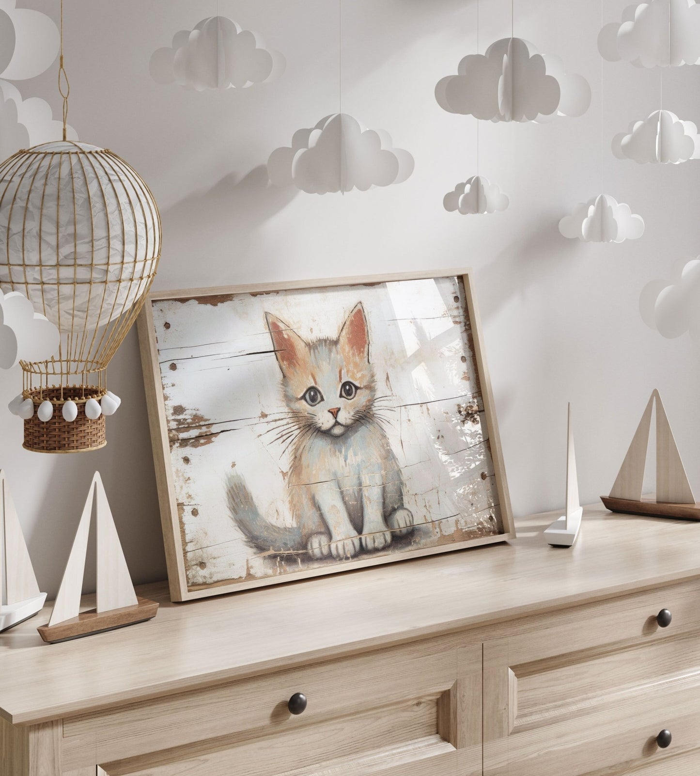 Cat Nursery Prints, Rustic Wall Decor, Vintage Animal Art - WildfieldPrints