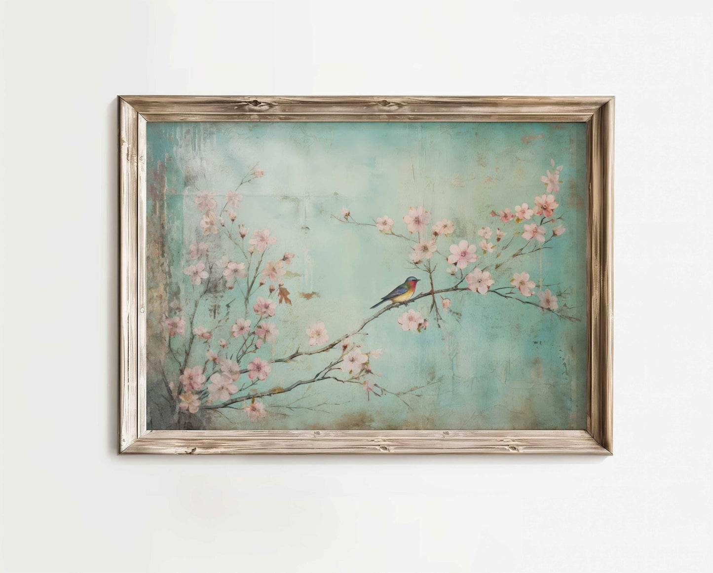 Cherry Blosson Art, Small Bird Print, Vintage Turquoise, Cherry Tree Branch, Rustic Floral Wall Art, Horizontal Printable Flower Wall Decor - My Store