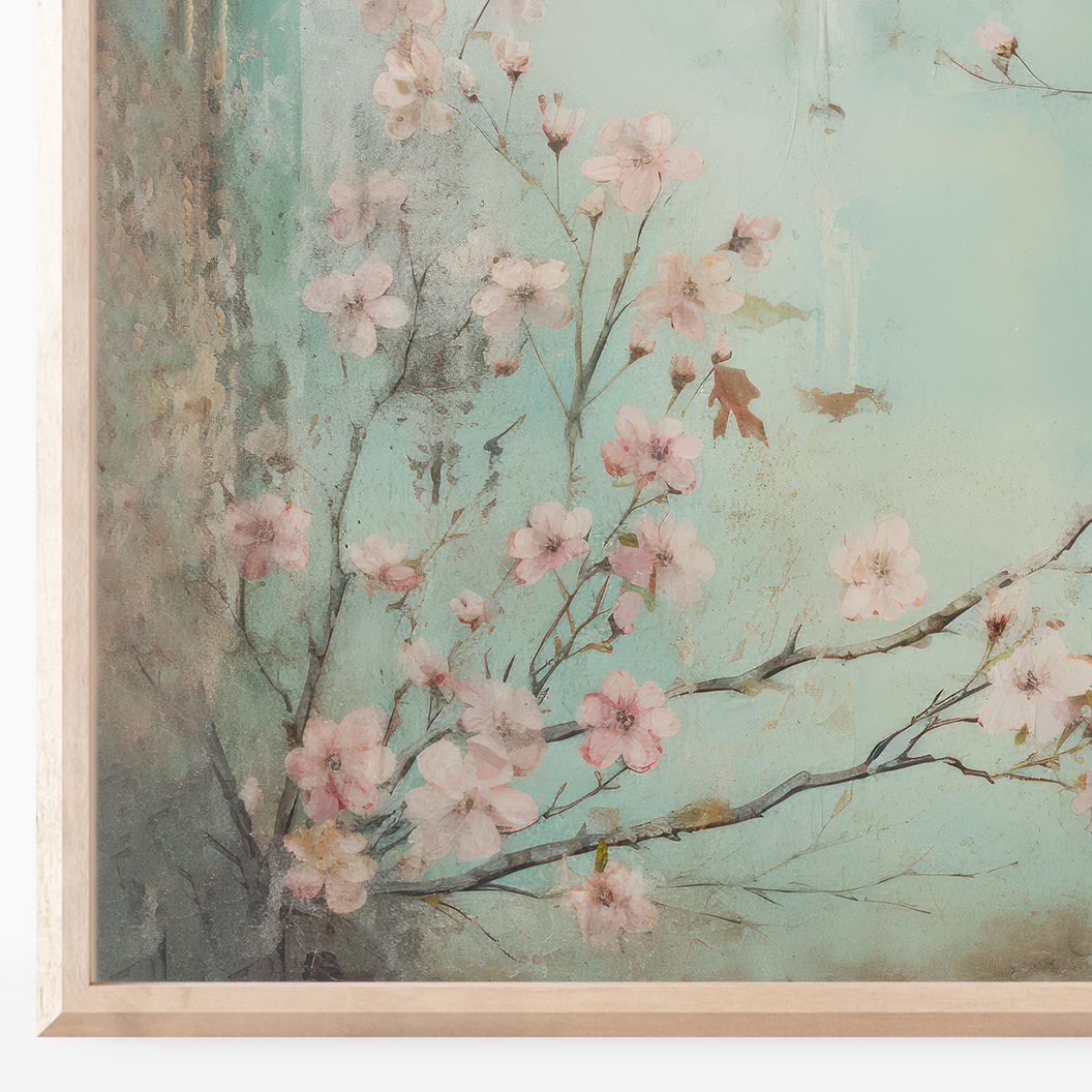 Cherry Blosson Art, Small Bird Print, Vintage Turquoise, Cherry Tree Branch, Rustic Floral Wall Art, Horizontal Printable Flower Wall Decor - My Store