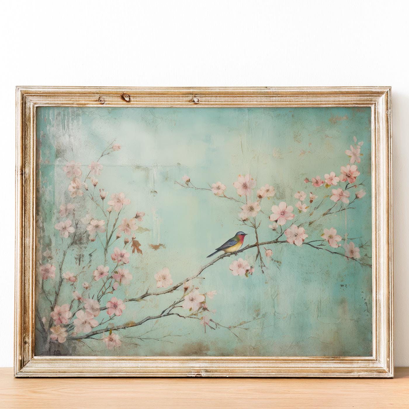 Cherry Blosson Art, Small Bird Print, Vintage Turquoise, Cherry Tree Branch, Rustic Floral Wall Art, Horizontal Printable Flower Wall Decor - My Store