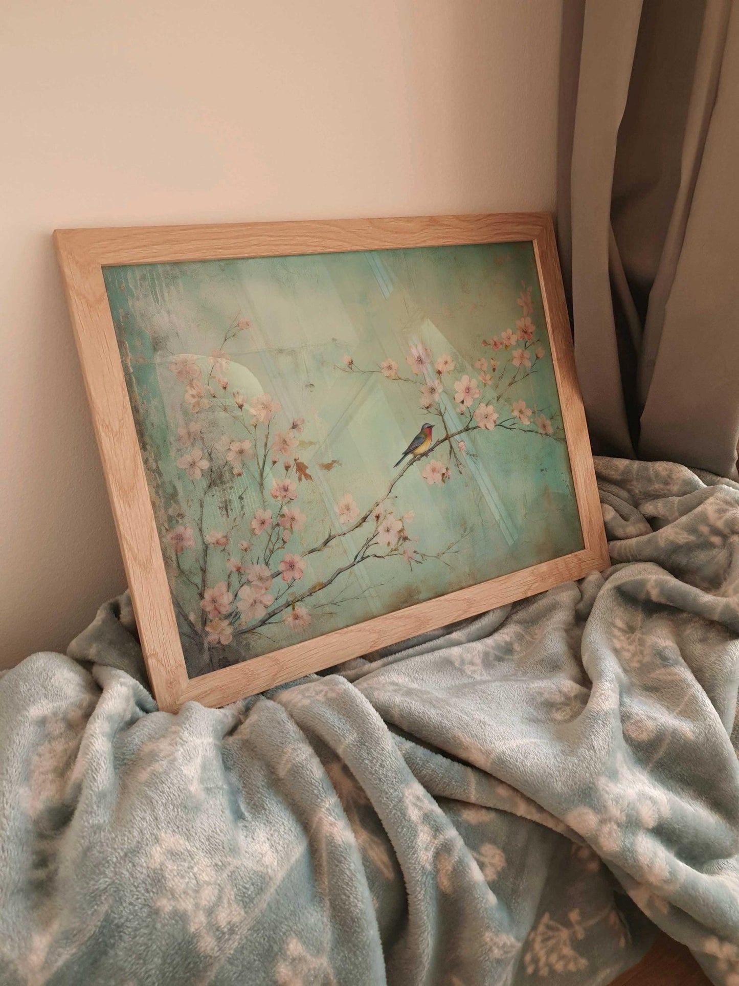 Cherry Blosson Art, Small Bird Print, Vintage Turquoise, Cherry Tree Branch, Rustic Floral Wall Art, Horizontal Printable Flower Wall Decor - My Store