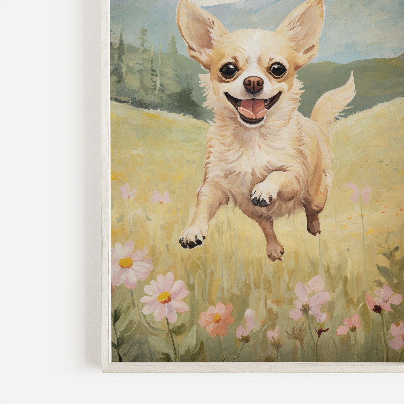 Chihuahua Print, Vintage Dog Decor, Running Dog Portrait, Floral Design - WildfieldPrints