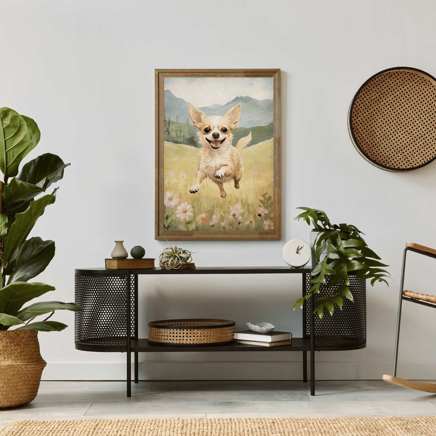 Chihuahua Print, Vintage Dog Decor, Running Dog Portrait, Floral Design - WildfieldPrints