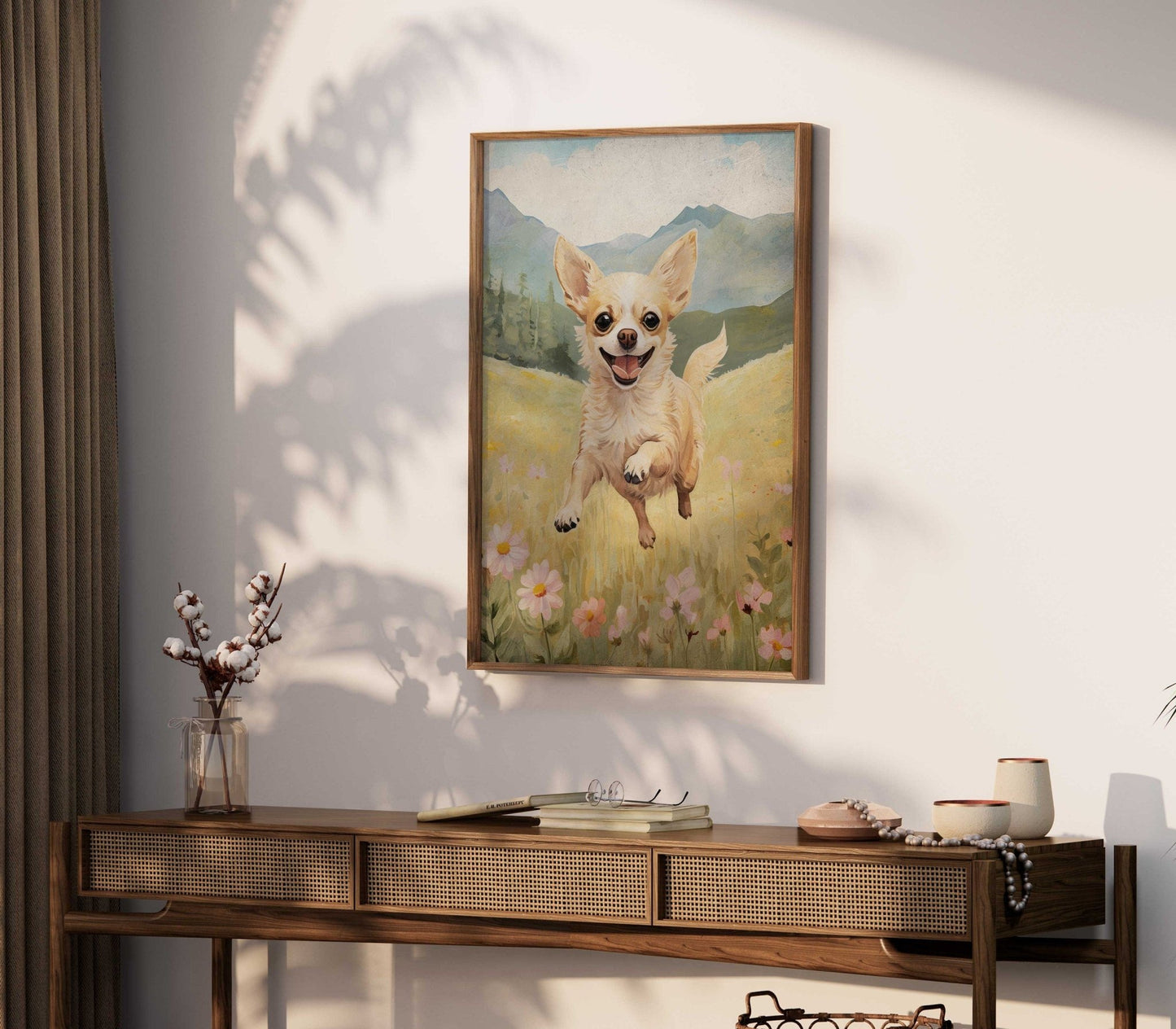 Chihuahua Print, Vintage Dog Decor, Running Dog Portrait, Floral Design - WildfieldPrints