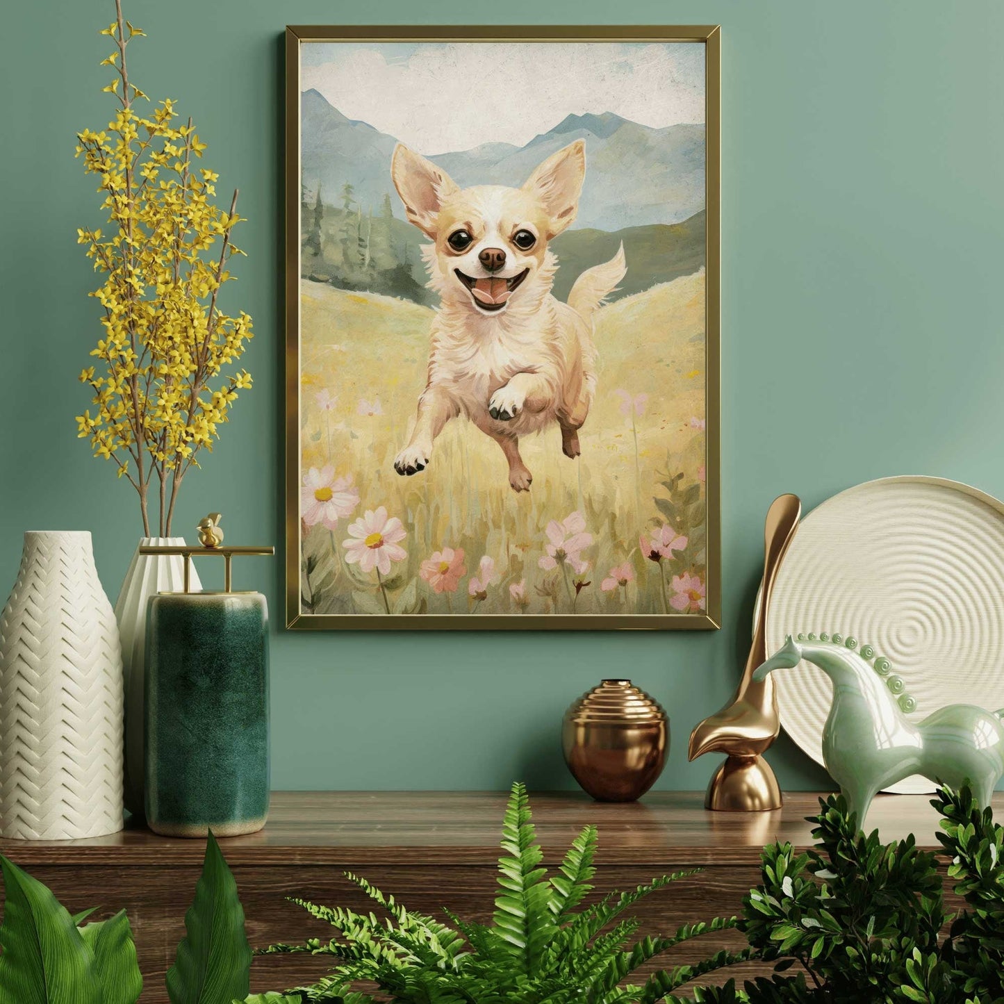 Chihuahua Print, Vintage Dog Decor, Running Dog Portrait, Floral Design - WildfieldPrints