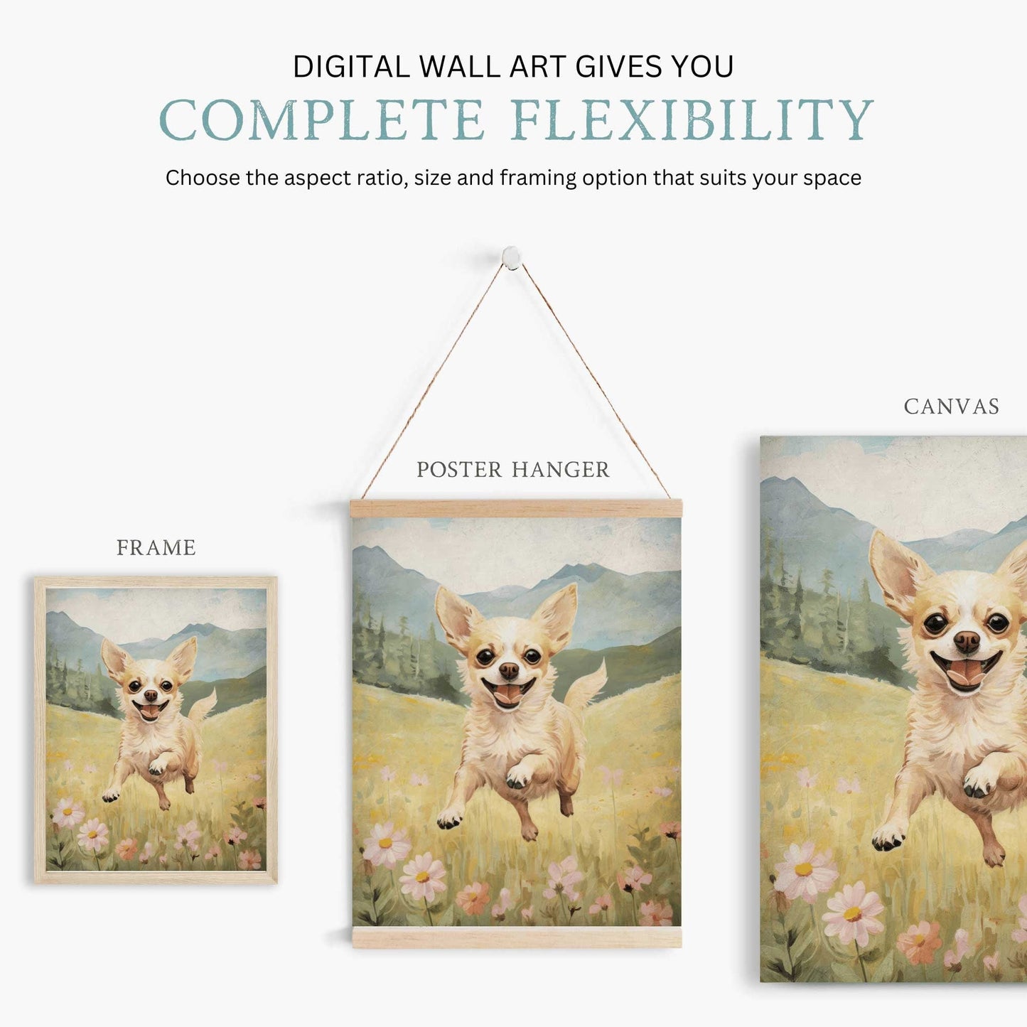 Chihuahua Print, Vintage Dog Decor, Running Dog Portrait, Floral Design - WildfieldPrints