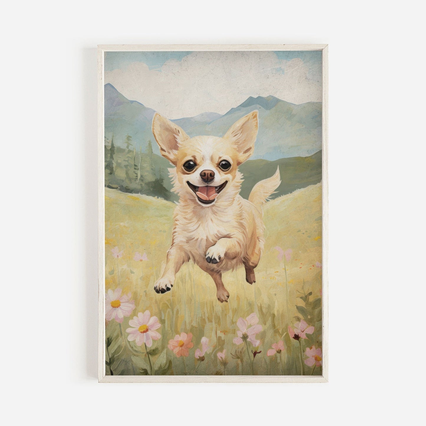 Chihuahua Print, Vintage Dog Decor, Running Dog Portrait, Floral Design - WildfieldPrints