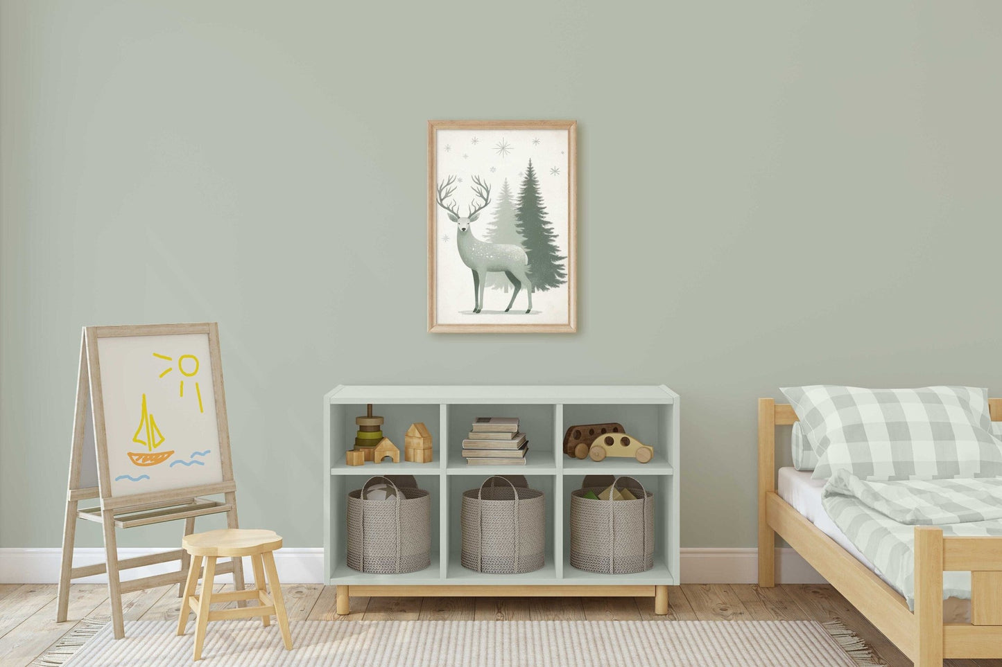 Christmas Wall Art, Vintage Decor, Deer Print, Sage Green Accent, Winter Design - WildfieldPrints