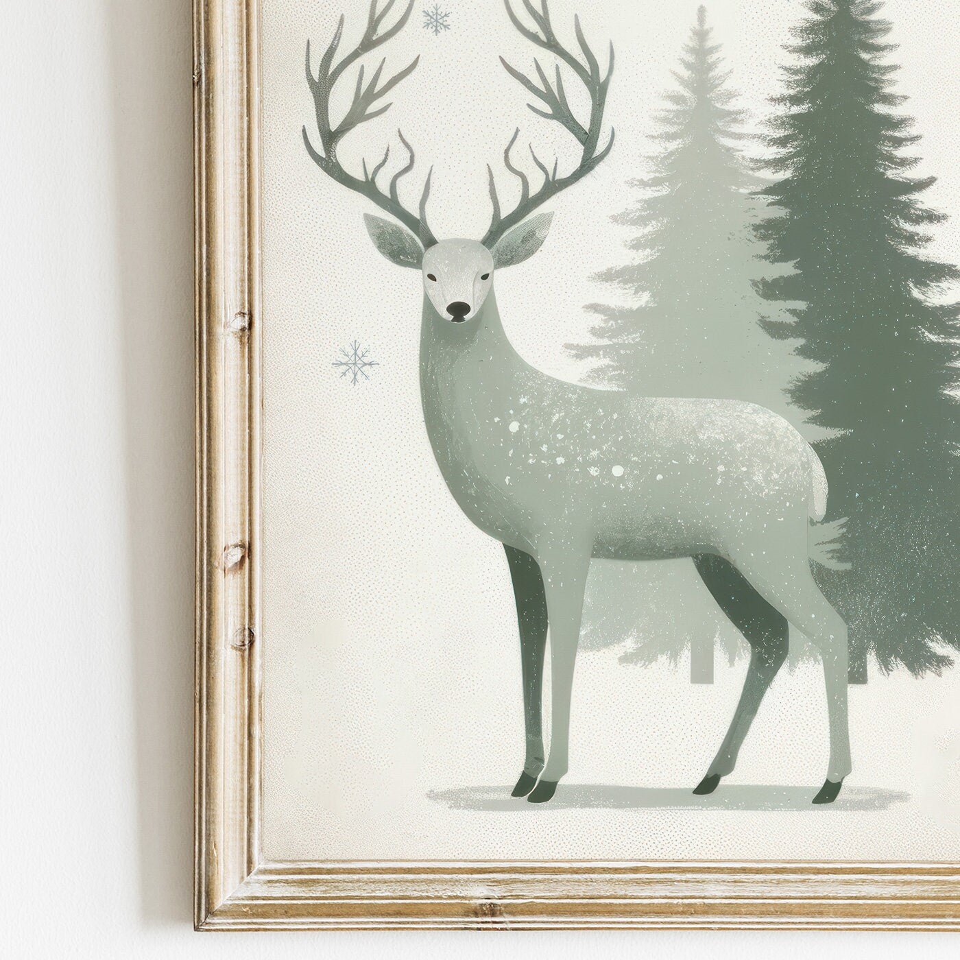 Christmas Wall Art, Vintage Decor, Deer Print, Sage Green Accent, Winter Design - WildfieldPrints