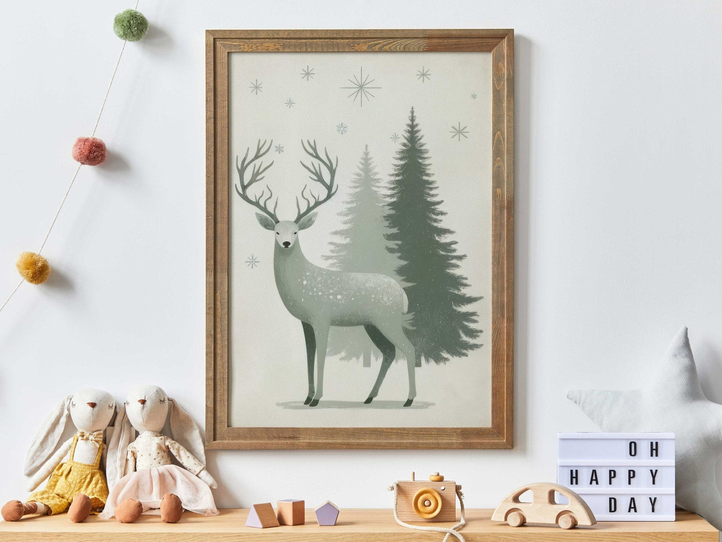 Christmas Wall Art, Vintage Decor, Deer Print, Sage Green Accent, Winter Design - WildfieldPrints