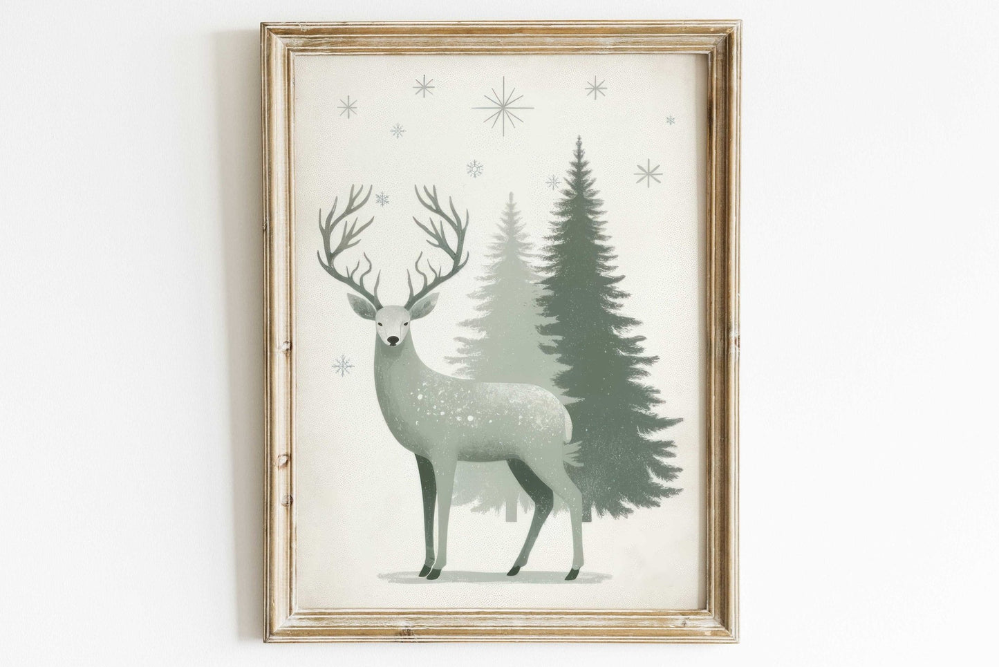 Christmas Wall Art, Vintage Decor, Deer Print, Sage Green Accent, Winter Design - WildfieldPrints