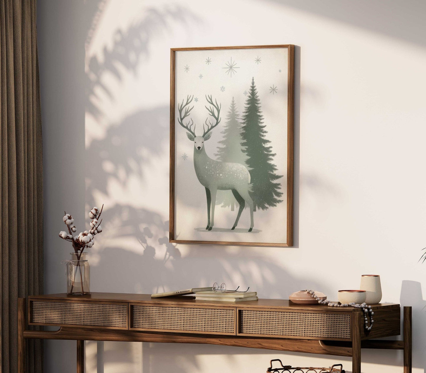 Christmas Wall Art, Vintage Decor, Deer Print, Sage Green Accent, Winter Design - WildfieldPrints
