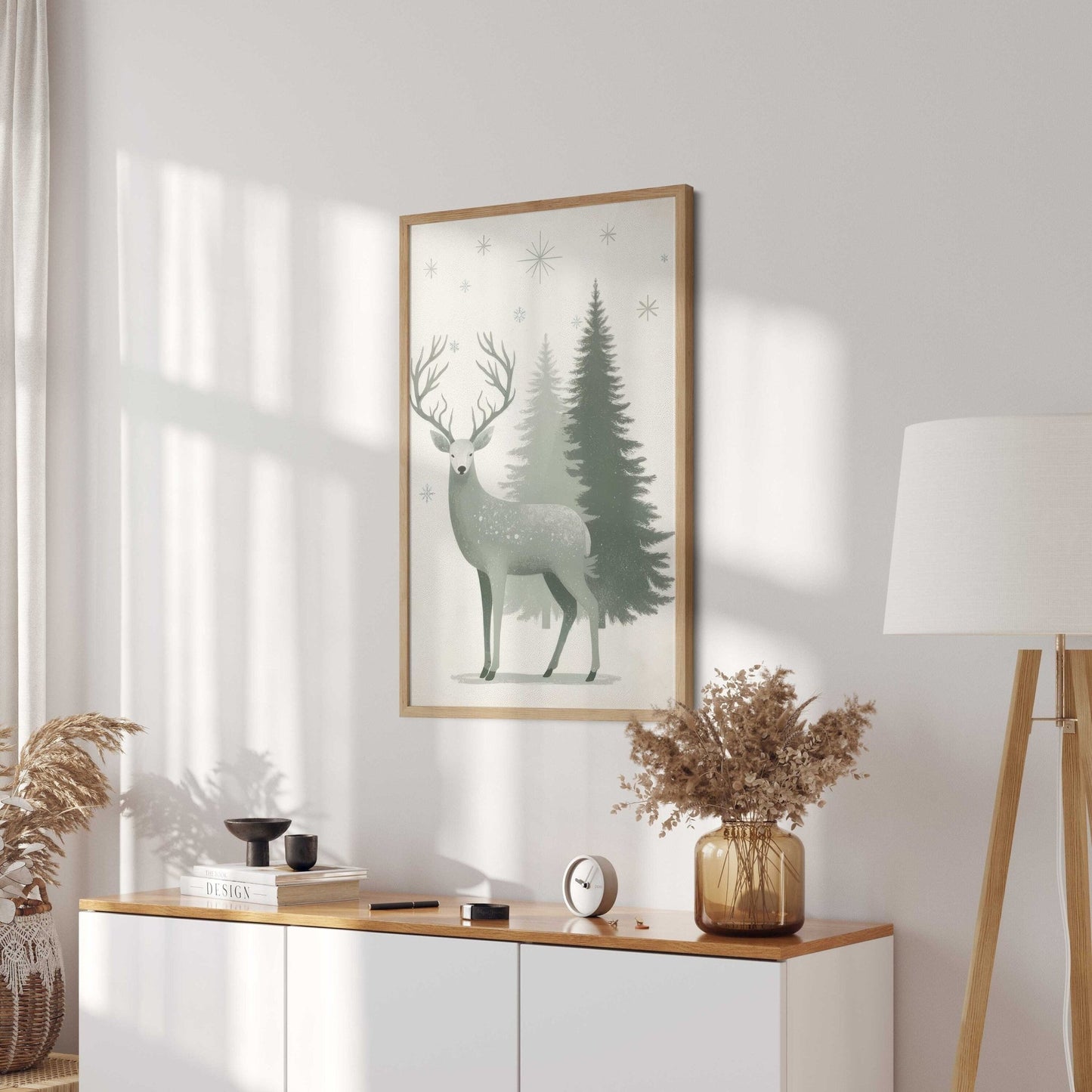 Christmas Wall Art, Vintage Decor, Deer Print, Sage Green Accent, Winter Design - WildfieldPrints