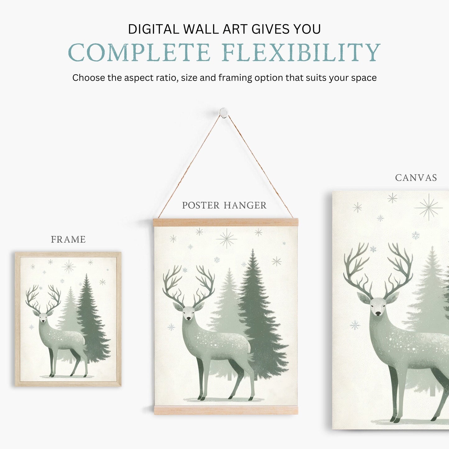 Christmas Wall Art, Vintage Decor, Deer Print, Sage Green Accent, Winter Design - WildfieldPrints