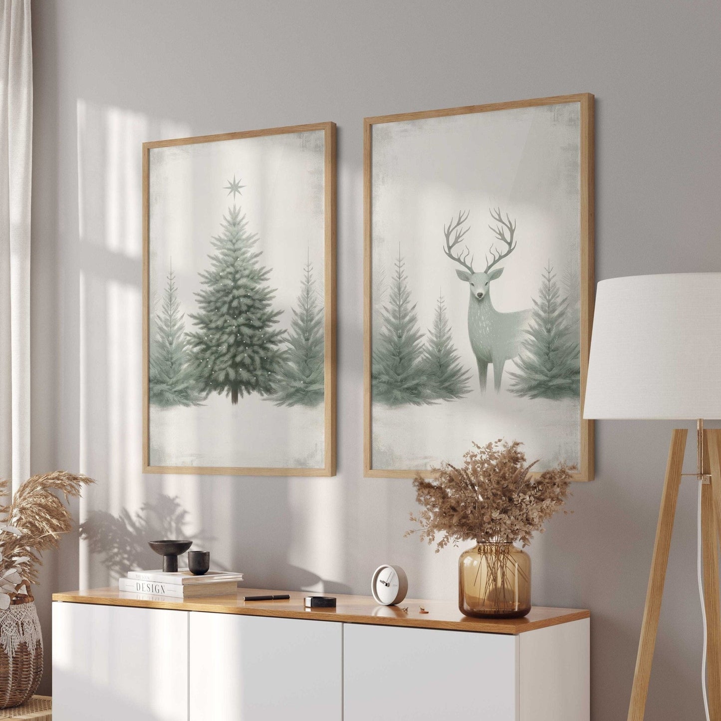 Christmas Wall Art, Vintage Deer Decor, Sage Green Tree Print - WildfieldPrints