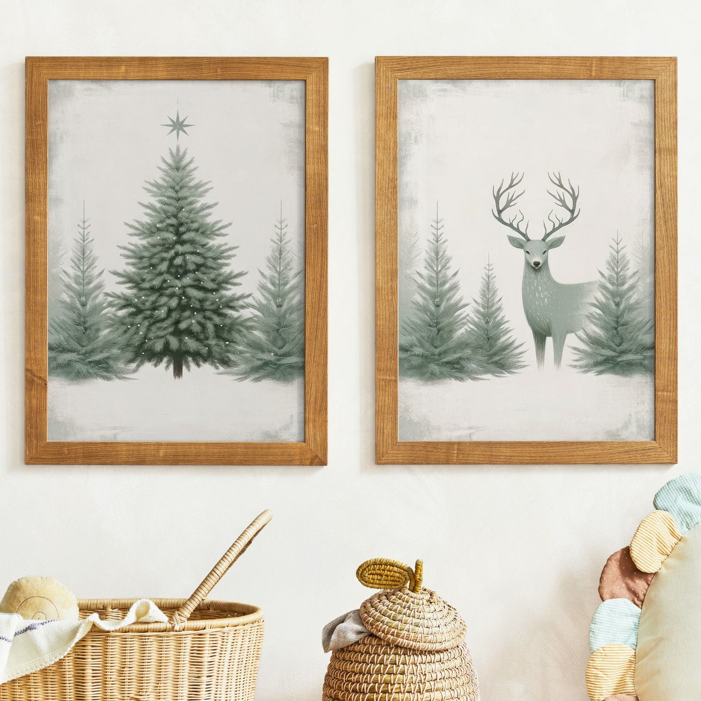 Christmas Wall Art, Vintage Deer Decor, Sage Green Tree Print - WildfieldPrints