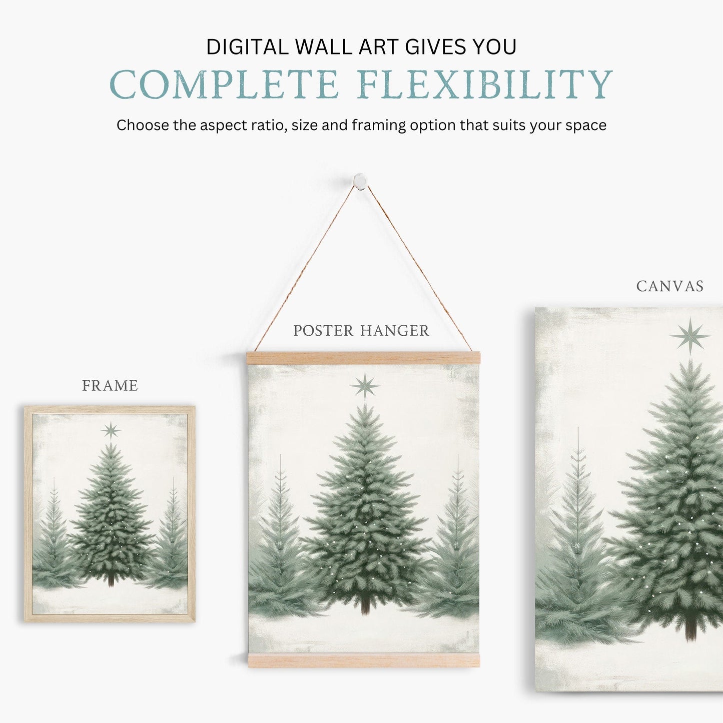 Christmas Wall Art, Vintage Deer Decor, Sage Green Tree Print - WildfieldPrints