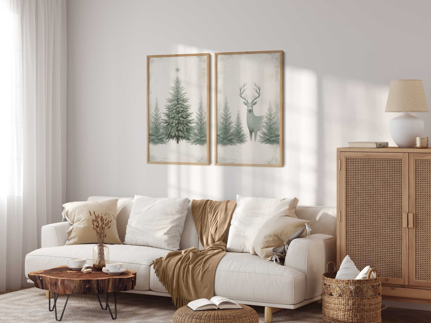 Christmas Wall Art, Vintage Deer Decor, Sage Green Tree Print - WildfieldPrints