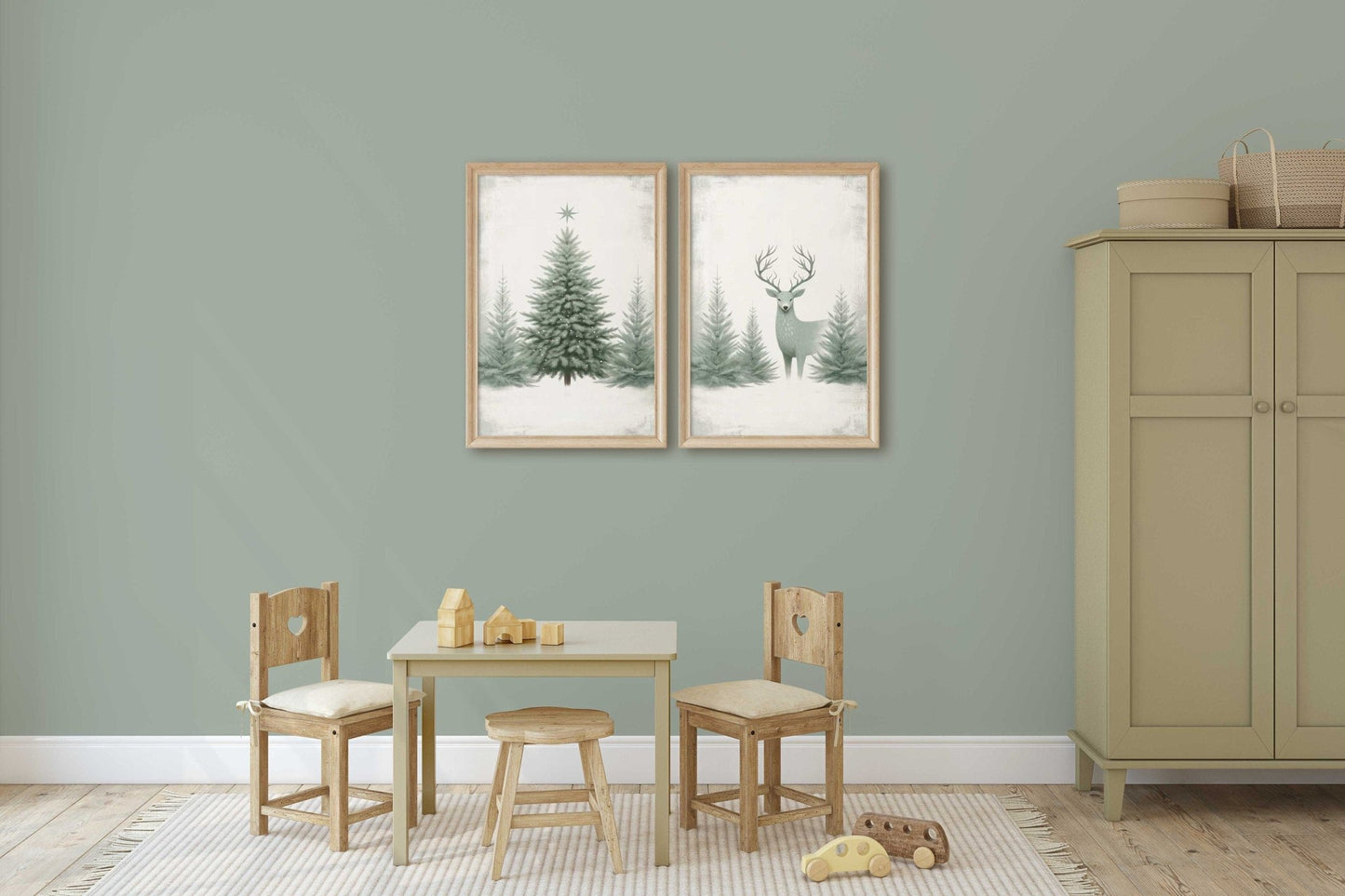 Christmas Wall Art, Vintage Deer Decor, Sage Green Tree Print - WildfieldPrints