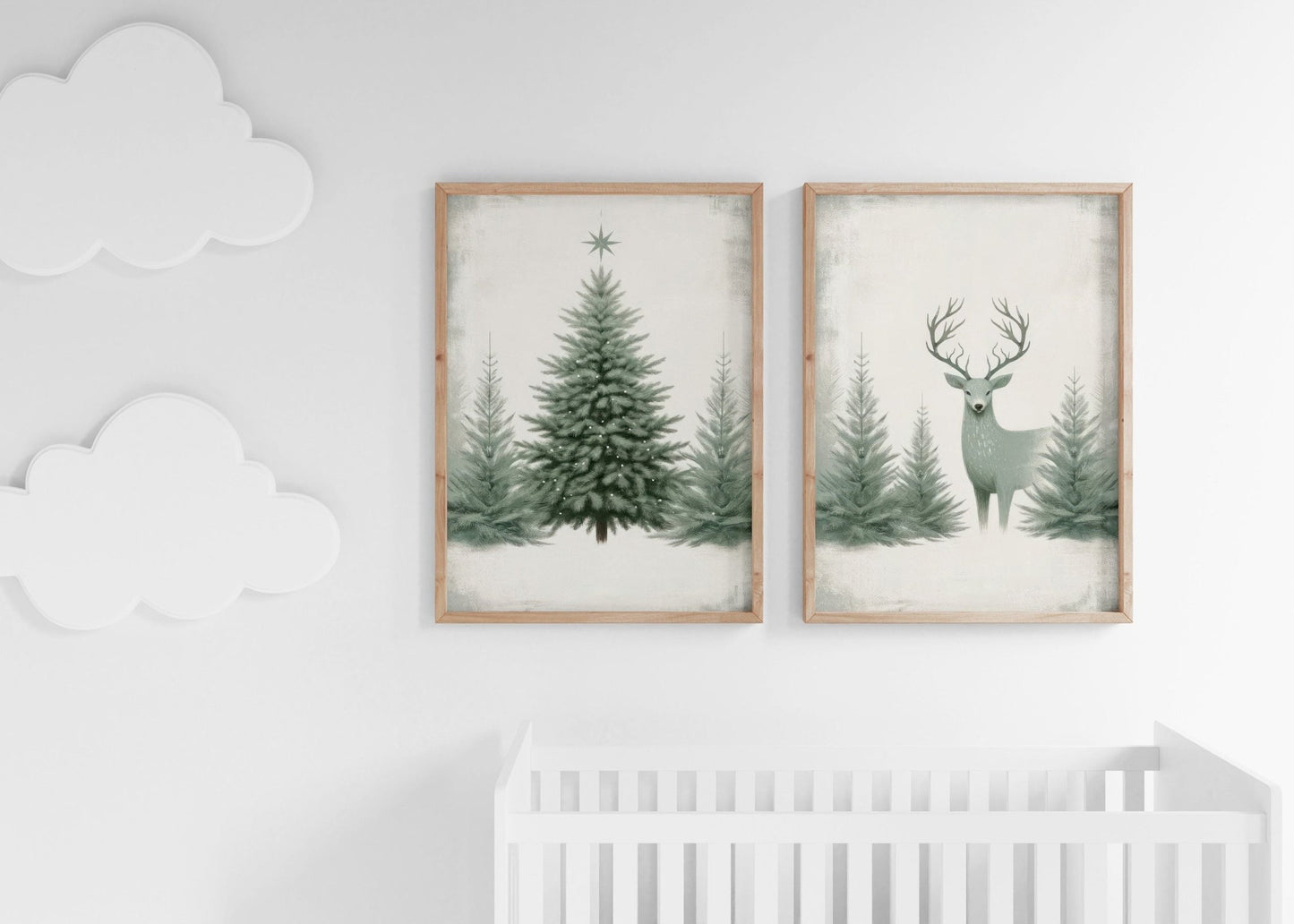 Christmas Wall Art, Vintage Deer Decor, Sage Green Tree Print - WildfieldPrints
