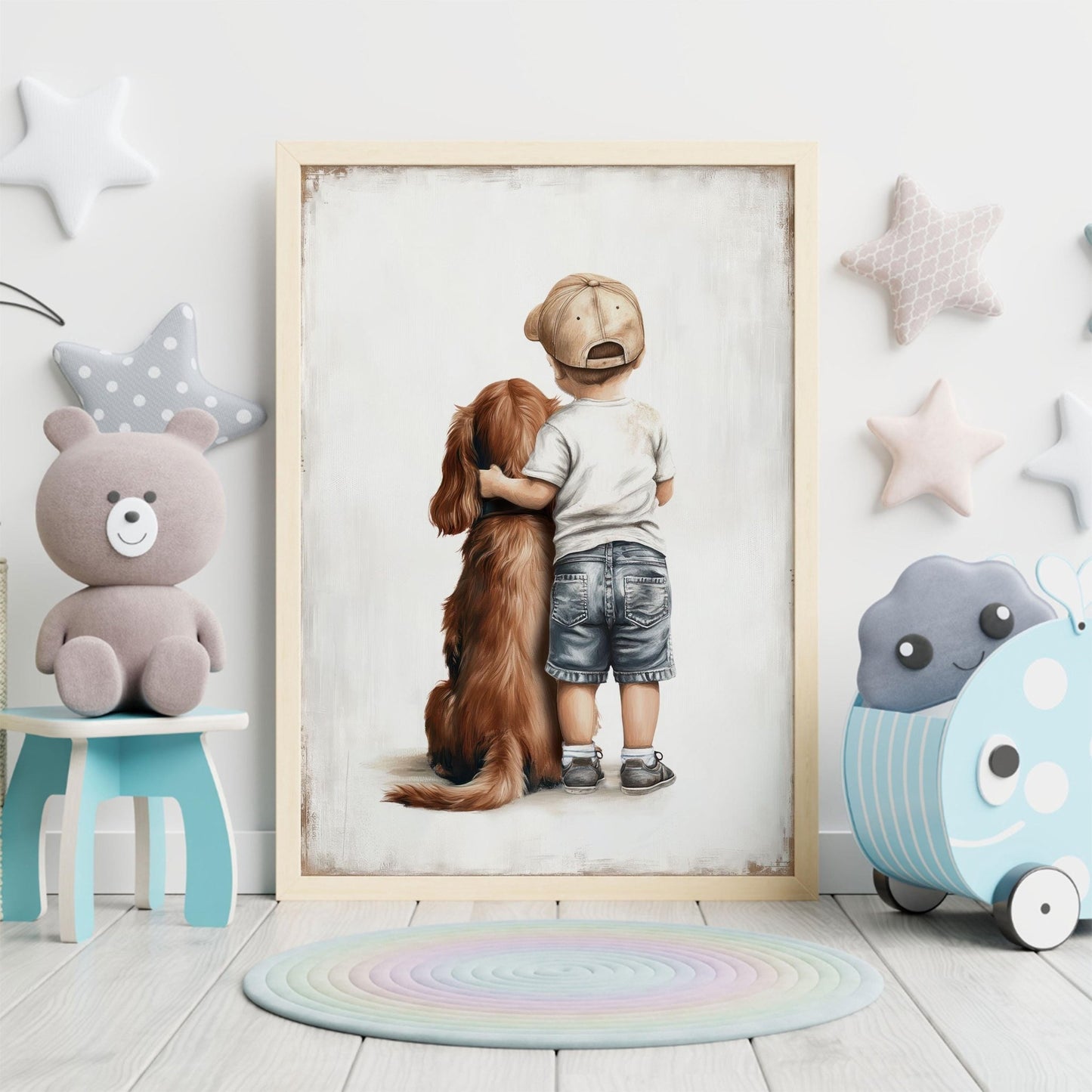 Cocker Spaniel Nursery Decor, Boy & Dog Wall Art, Brown Dog Portrait - WildfieldPrints