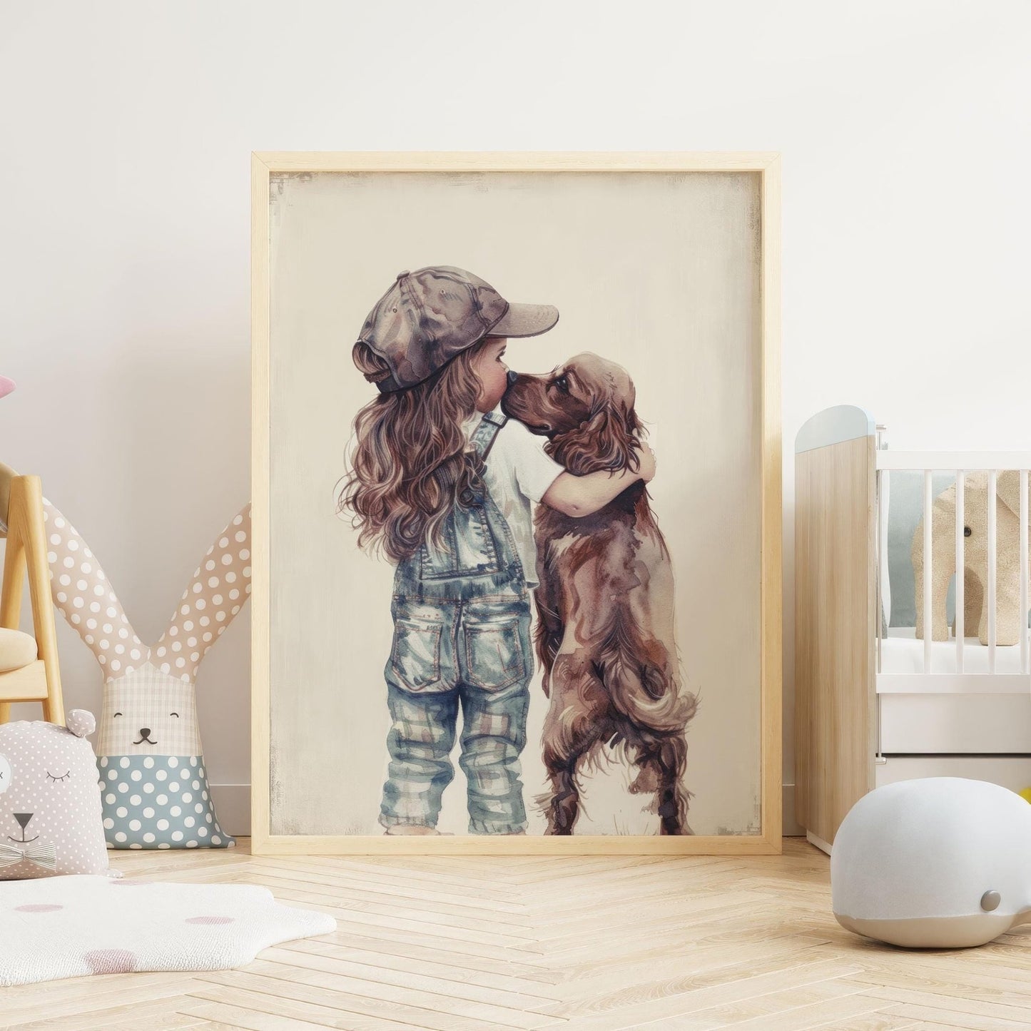 Cocker Spaniel Nursery Decor, Girl & Dog Painting, Brown Dog Print - WildfieldPrints