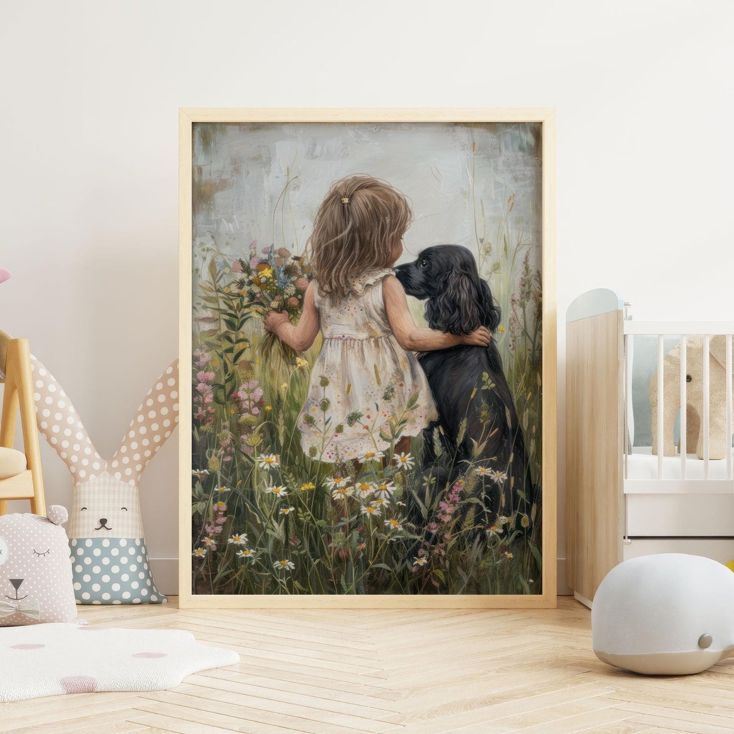 Cocker Spaniel Nursery Print, Black Dog Wall Decor, Girl & Pet Art - WildfieldPrints