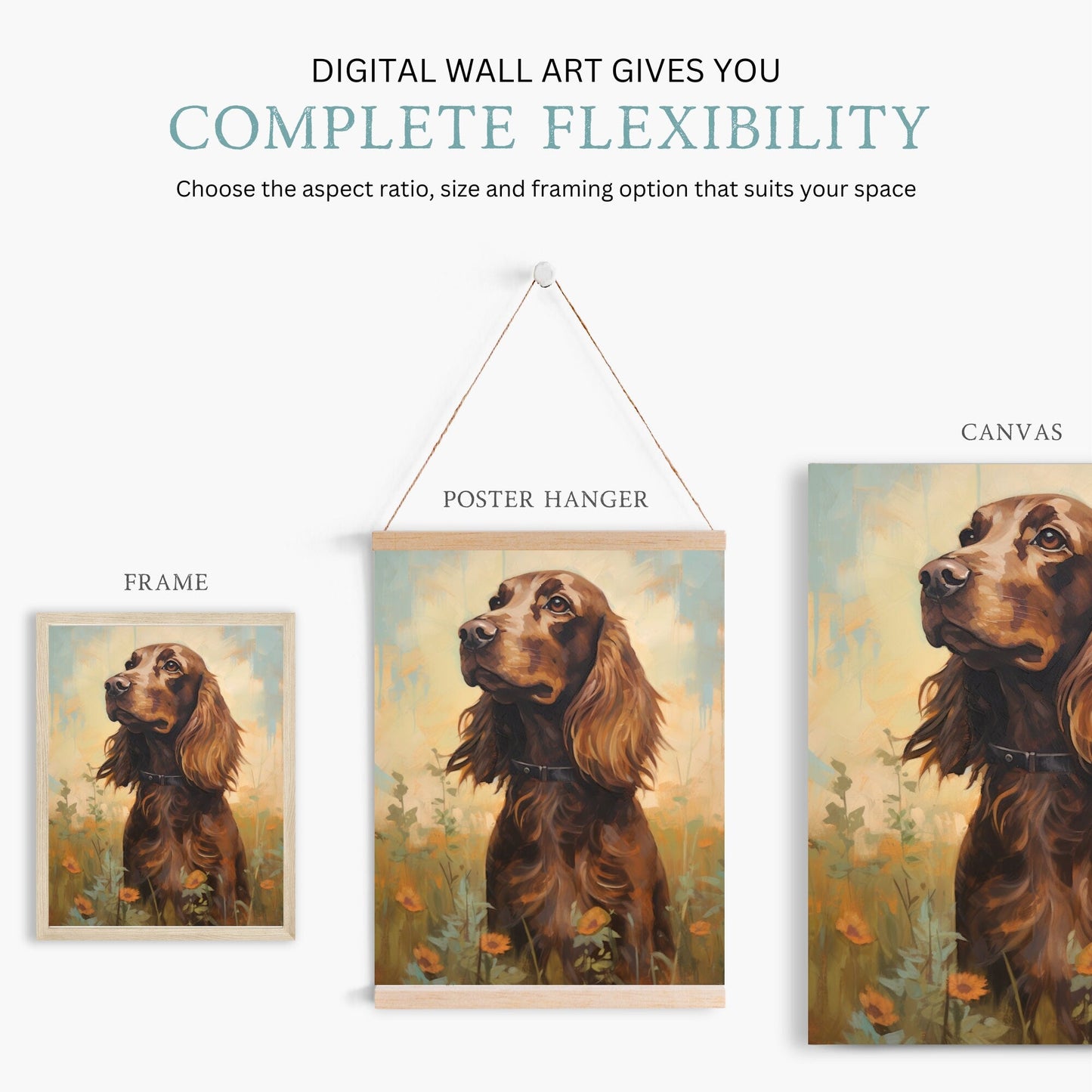 Cocker Spaniel Wall Art, Brown Dog in Blooming Meadow, Muted Colors - WildfieldPrints