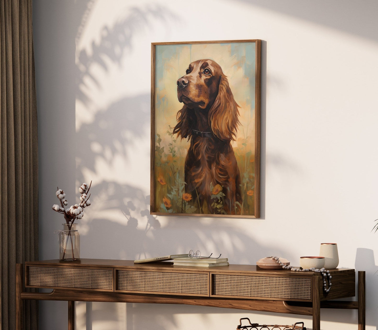 Cocker Spaniel Wall Art, Brown Dog in Blooming Meadow, Muted Colors - WildfieldPrints