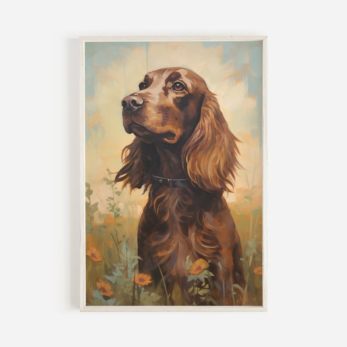 Cocker Spaniel Wall Art, Brown Dog in Blooming Meadow, Muted Colors - WildfieldPrints
