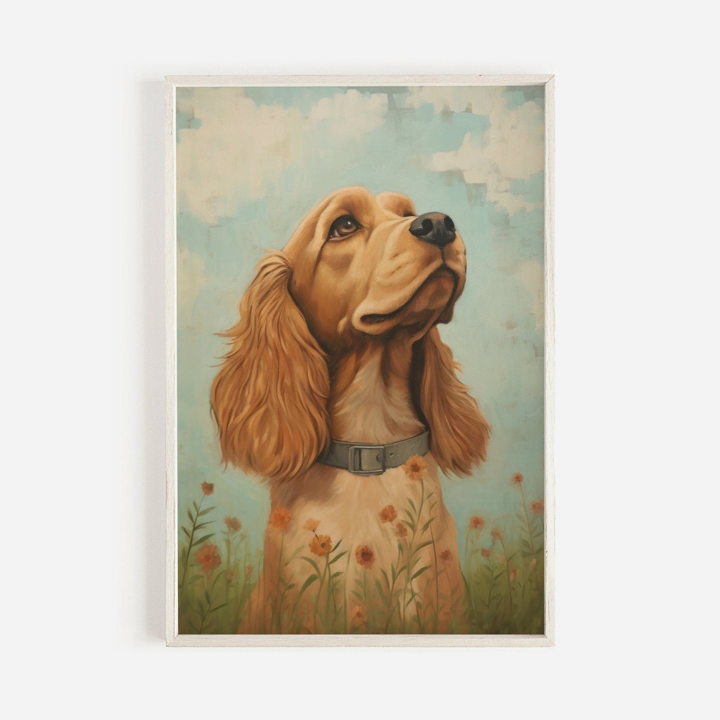 Cocker Spaniel Wall Art, Vintage Dog Portrait Amidst Flowers - WildfieldPrints