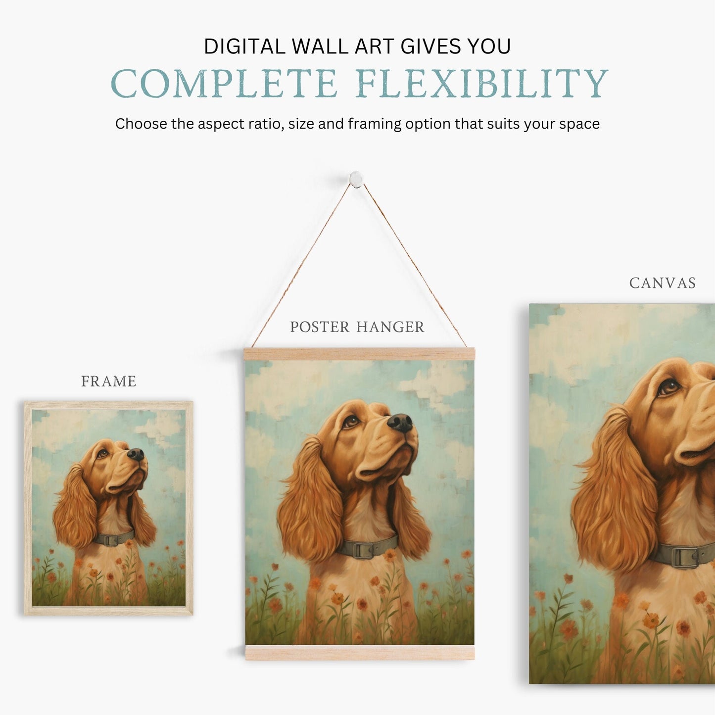 Cocker Spaniel Wall Art, Vintage Dog Portrait Amidst Flowers - WildfieldPrints