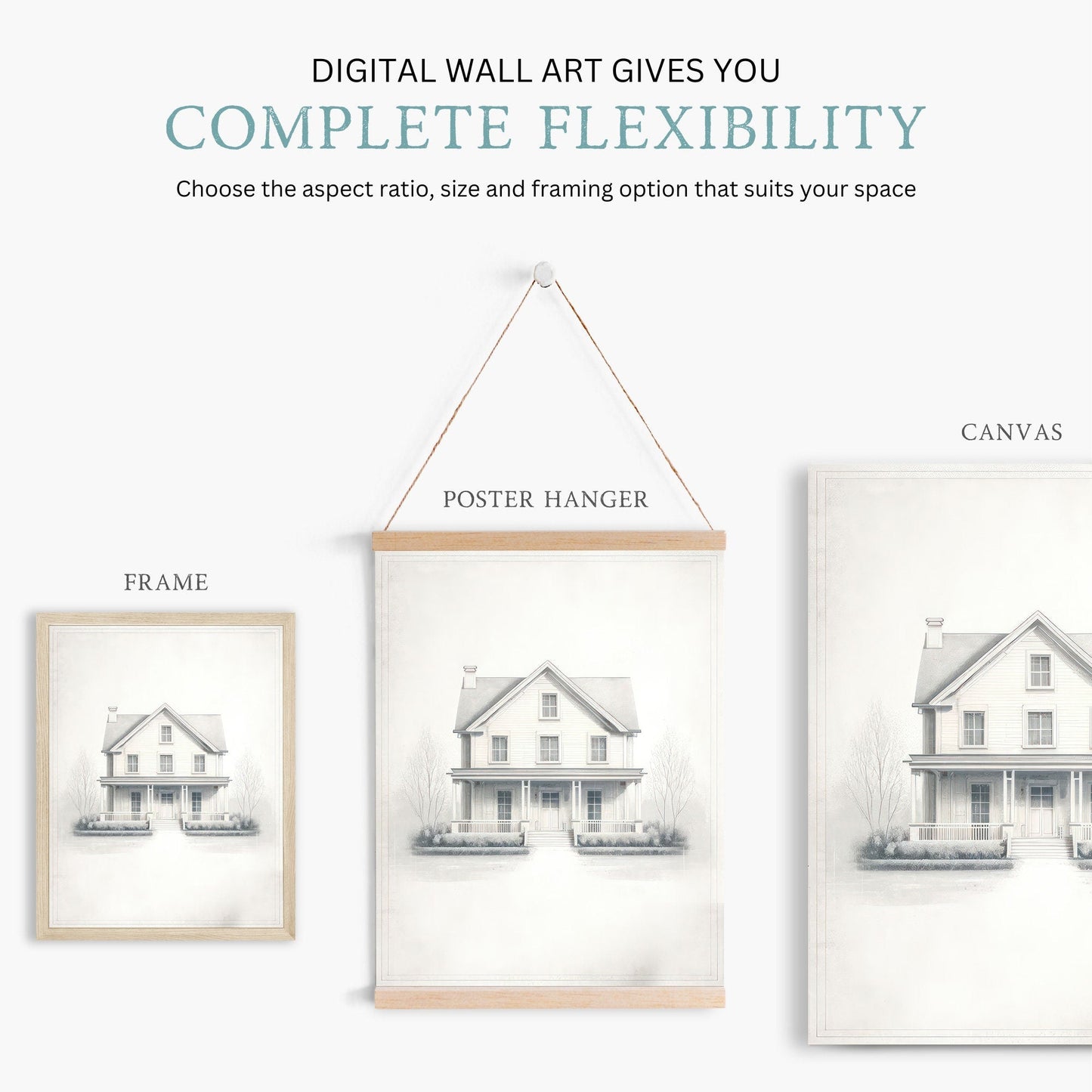 Country House Print, Minimalist Vintage Art, Modern Farmhouse Decor - WildfieldPrints